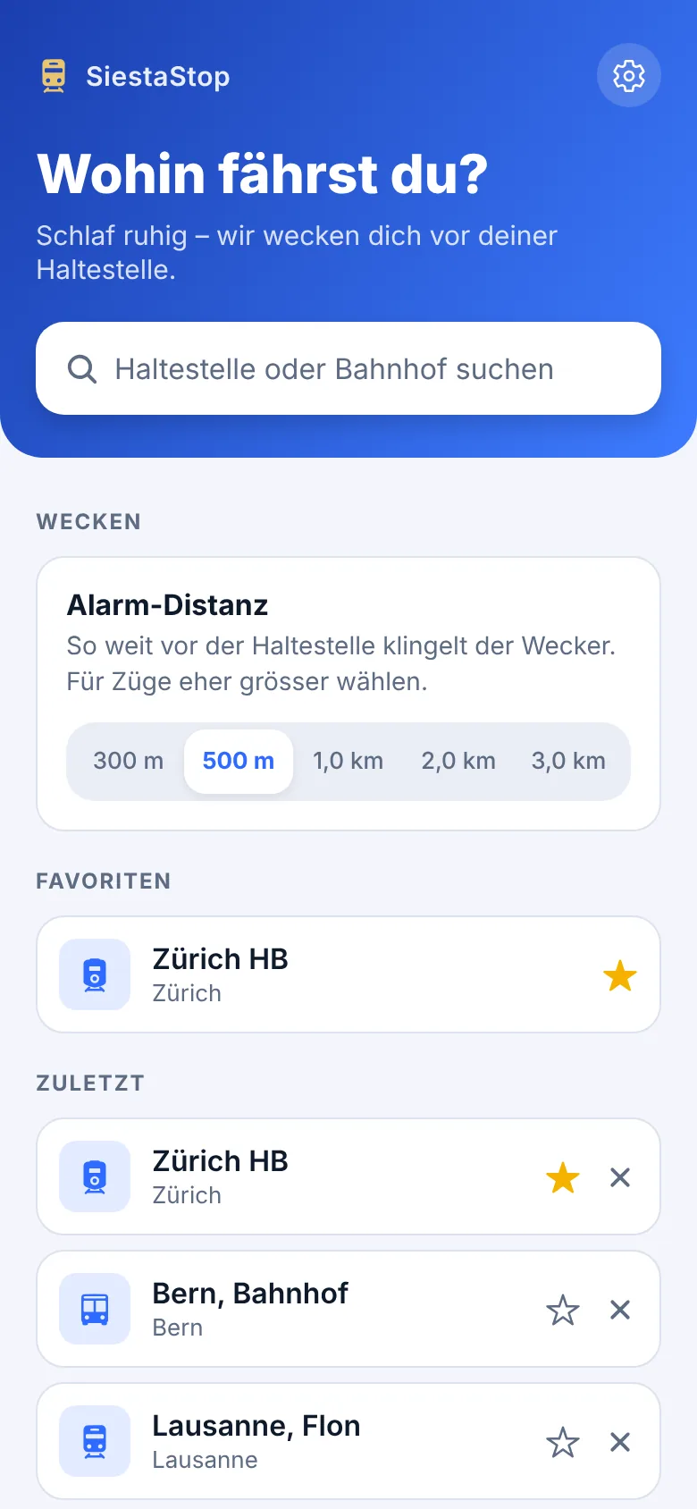 Startseite von SiestaStop mit Haltestellensuche