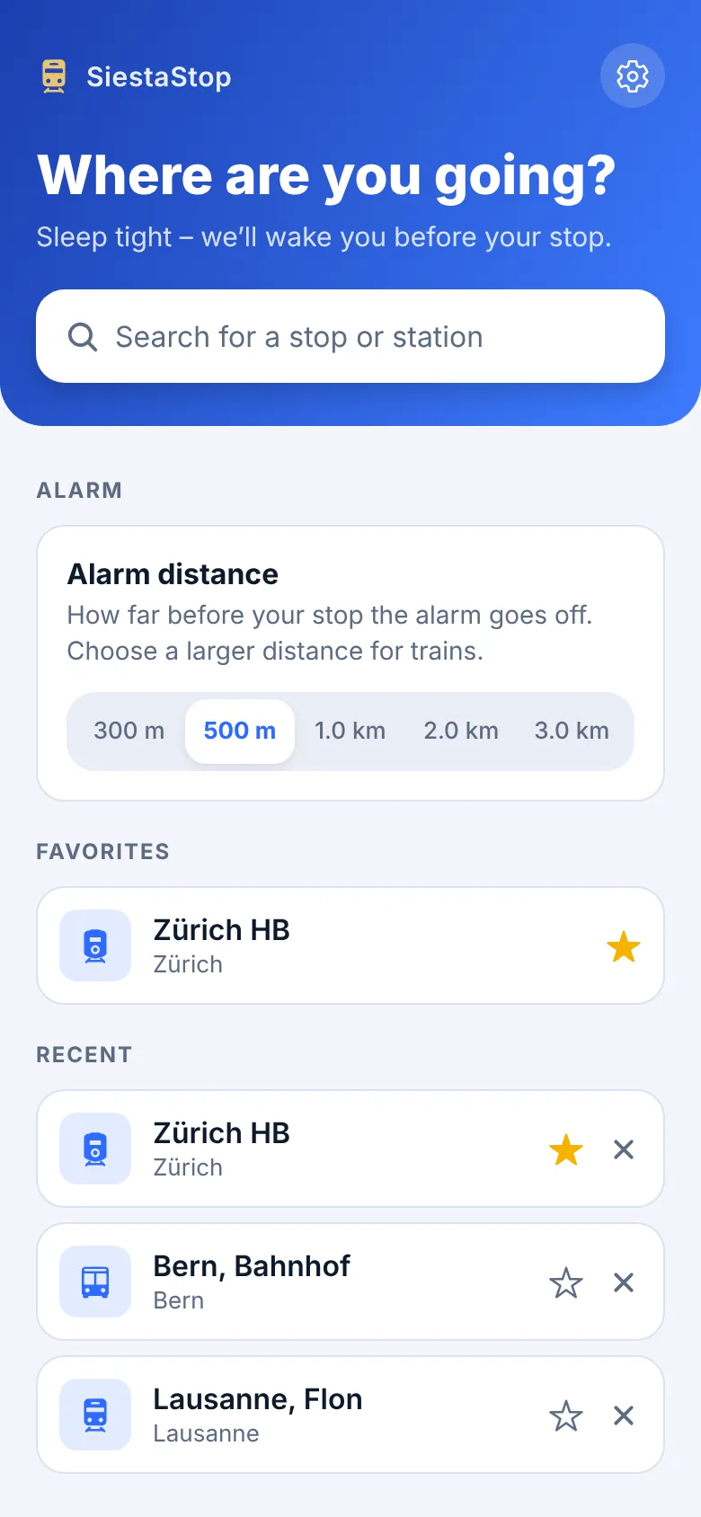 SiestaStop home screen with stop search