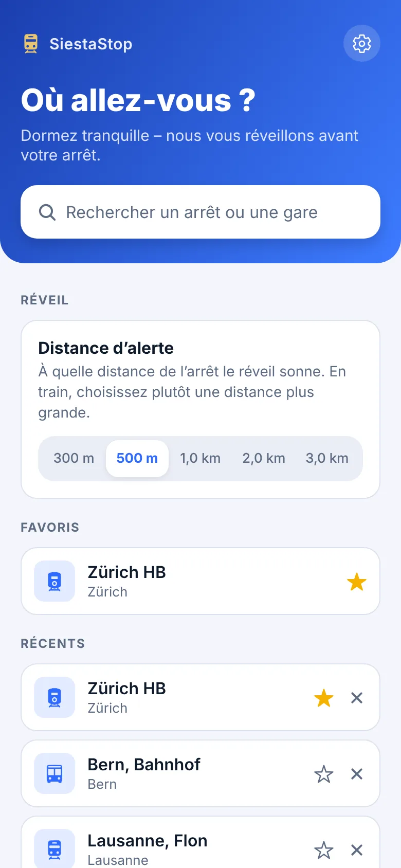 Écran d’accueil de SiestaStop avec la recherche d’arrêt