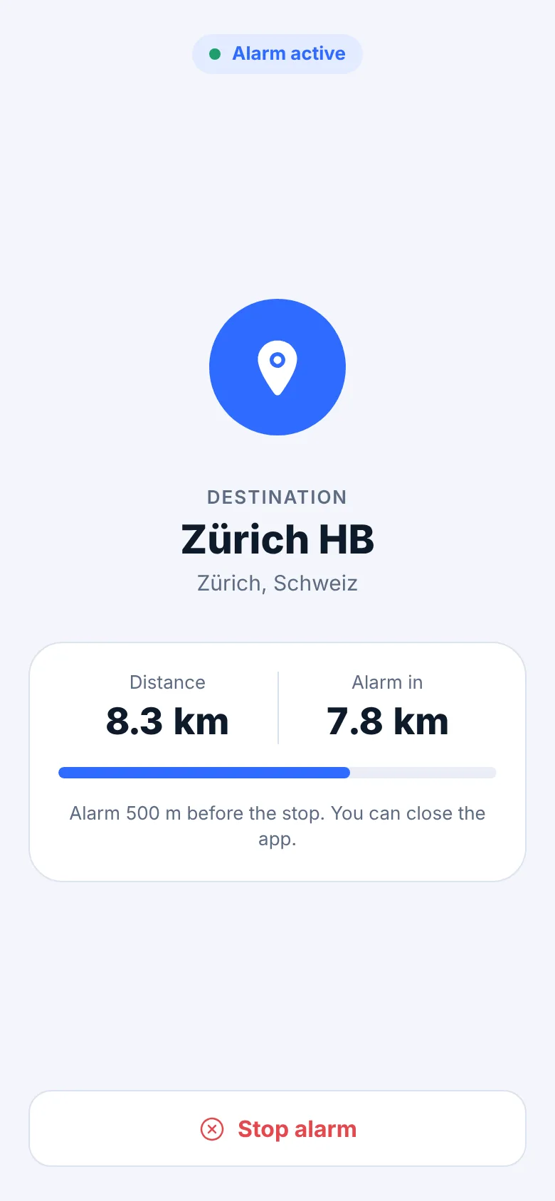 Active trip showing the distance to the destination