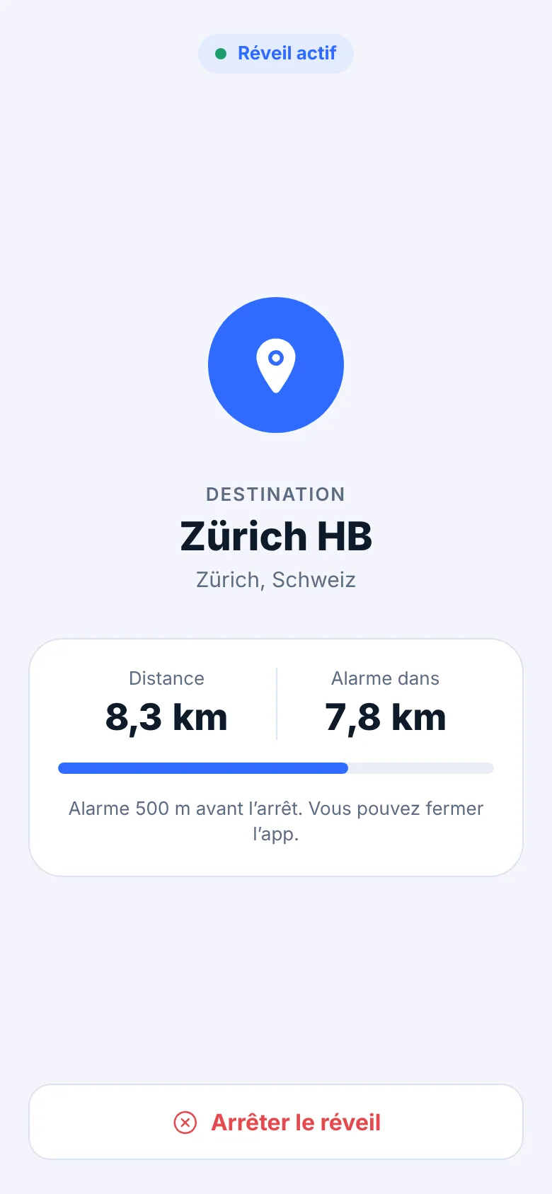 Trajet en cours avec la distance jusqu’à la destination